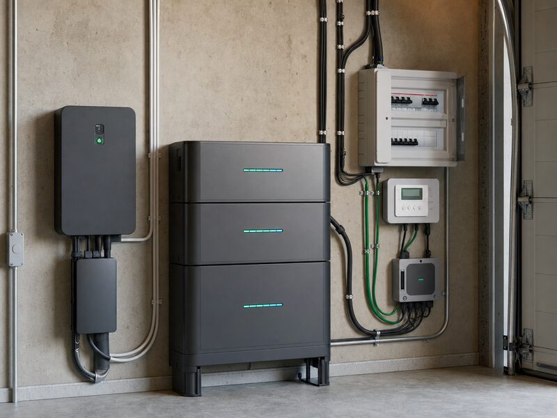 Home battery storage system mounted on a garage wall