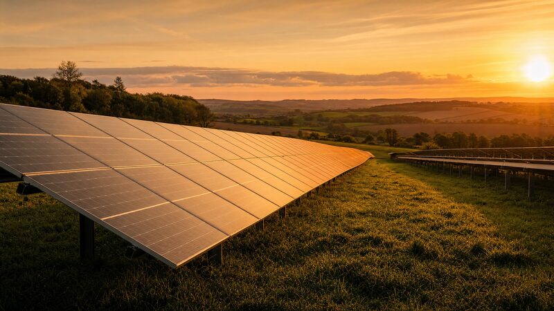 Solar panel array in a field at sunset
